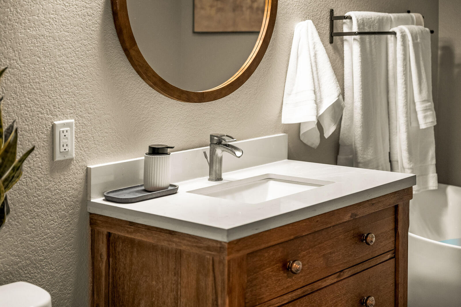 Second bath round wooden mirror vanity